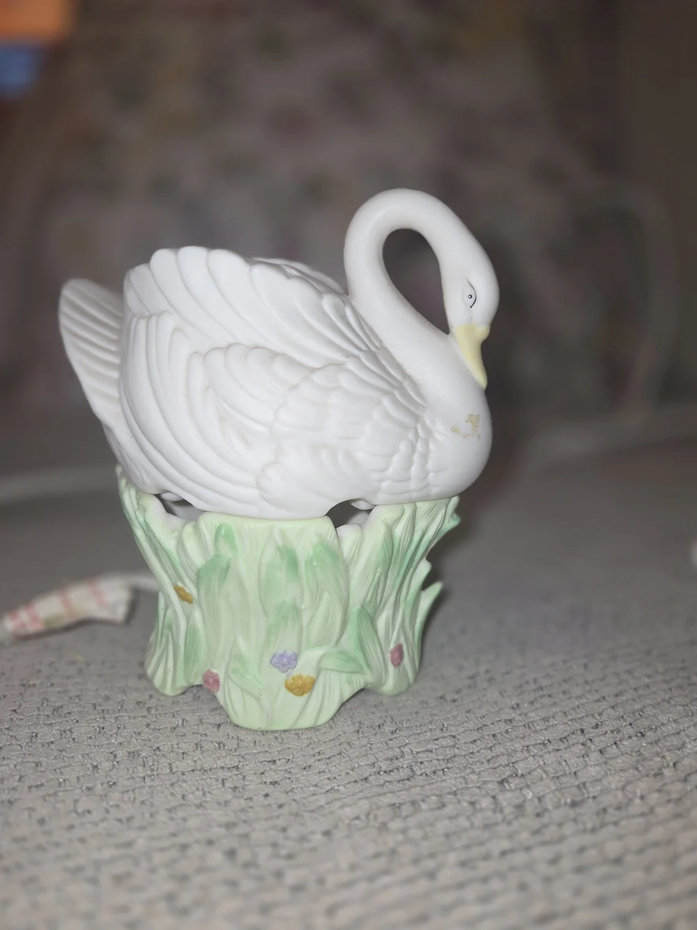 White Porcelain Swan Figurine on Green Floral Base With Light